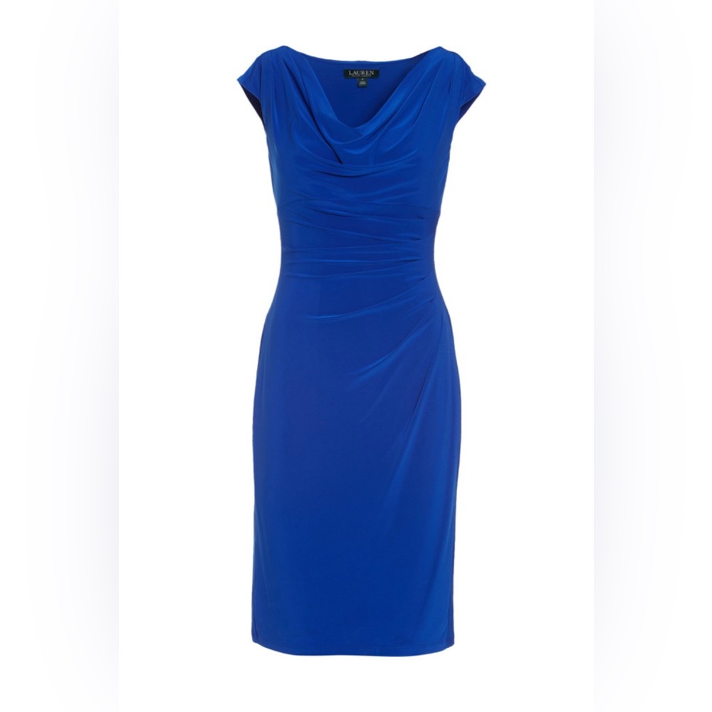 Lauren Ralph Lauren Blue Drape Neck Ruched Stretch Sheath Cocktail Dress Sz 8
